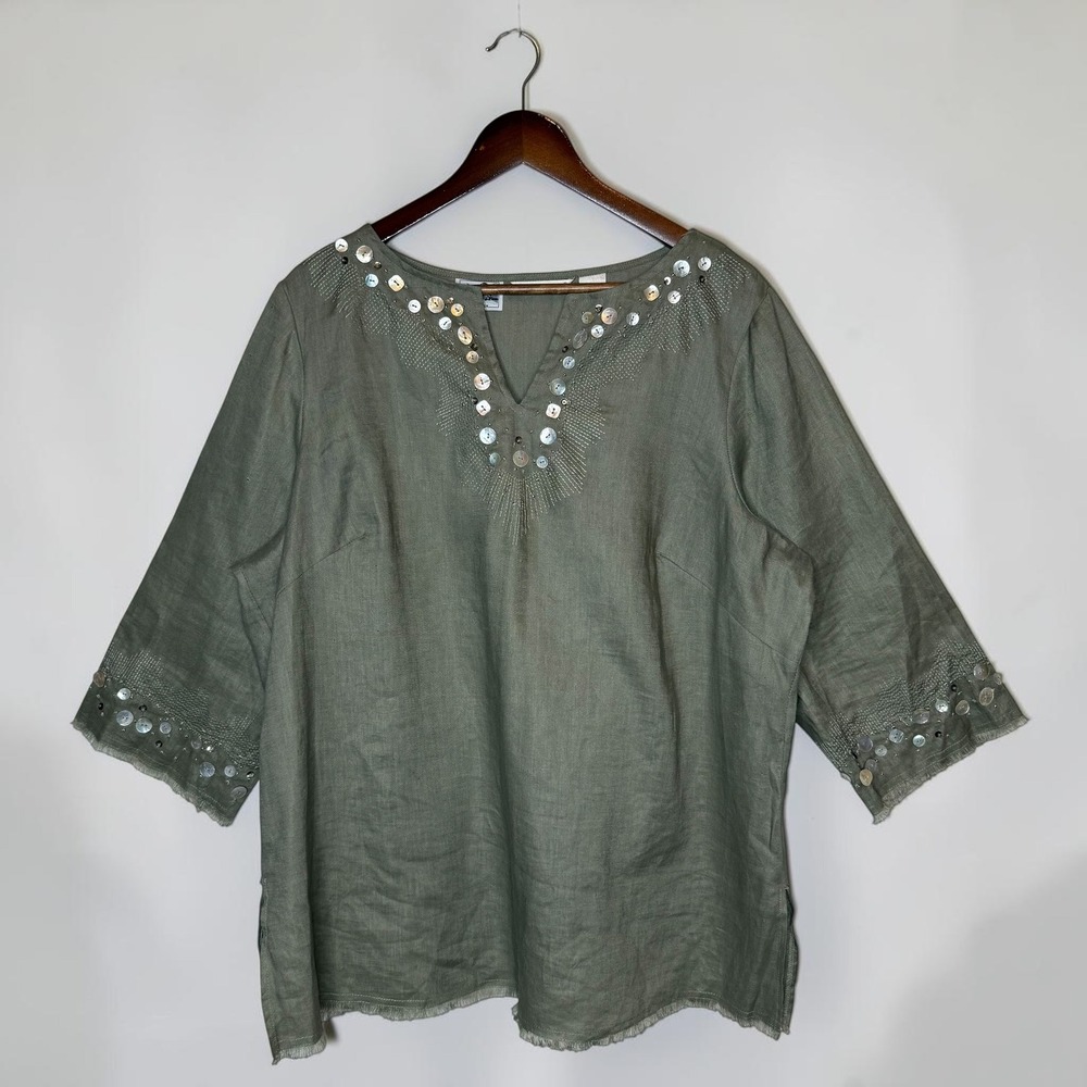 Edward Vtg 100% Irish Linen Tunic Top Buttons Embroidered Sage Lagenlook Boho 1X